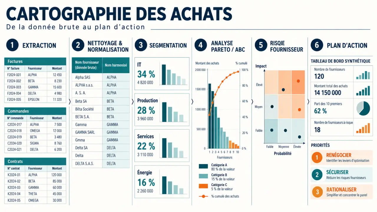 Infographie du processus de cartographie des achats, de la collecte des données au plan d’action