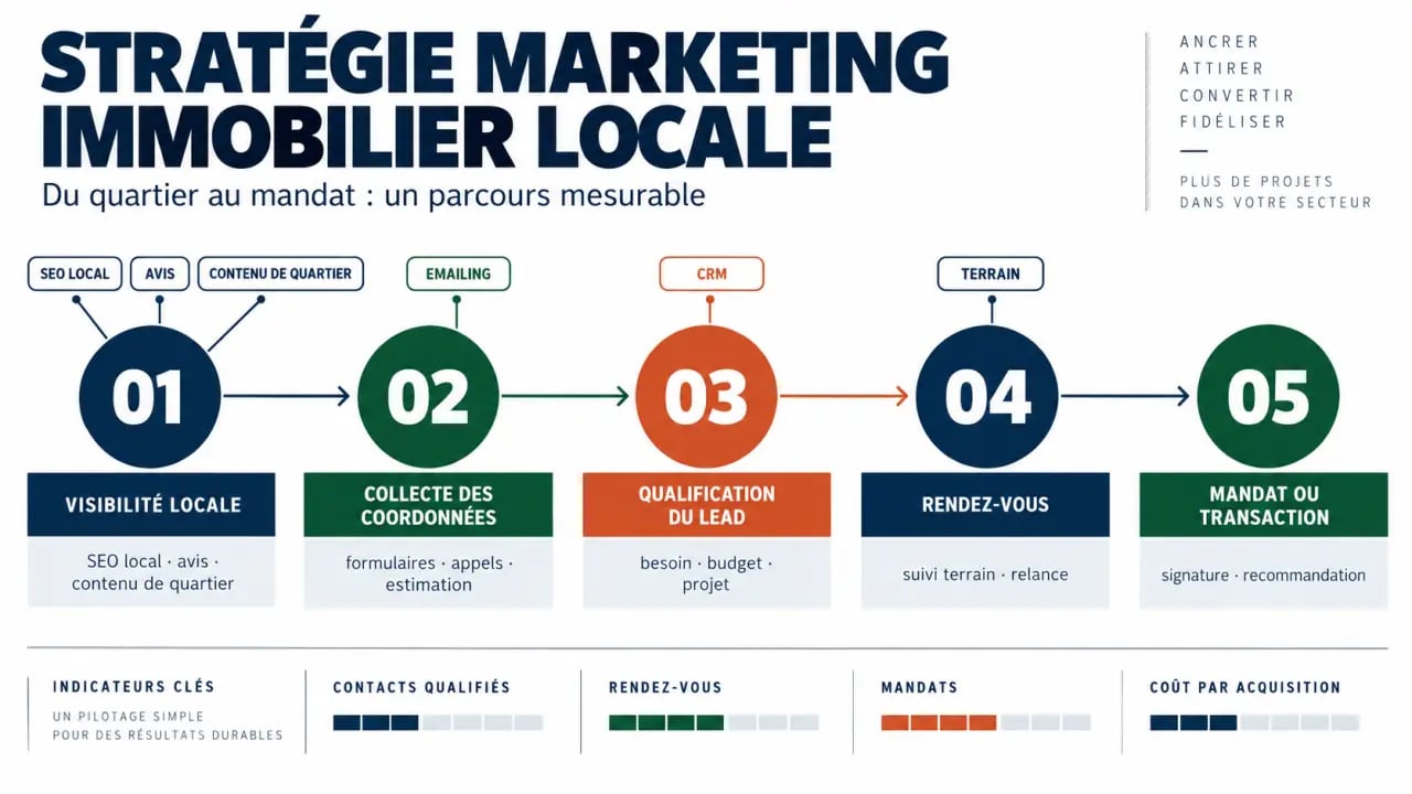 Stratégie marketing immobilier : parcours local du contact au mandat avec CRM et indicateurs
