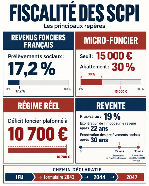 Infographie sur la fiscalité SCPI : micro-foncier, régime réel, déclaration et plus-value