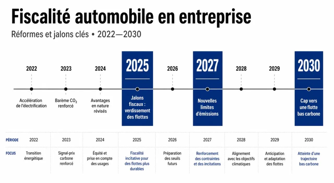 Fiscalité voiture électrique entreprise 2025 sous forme de frise chronologique des réformes 2022 à 2030