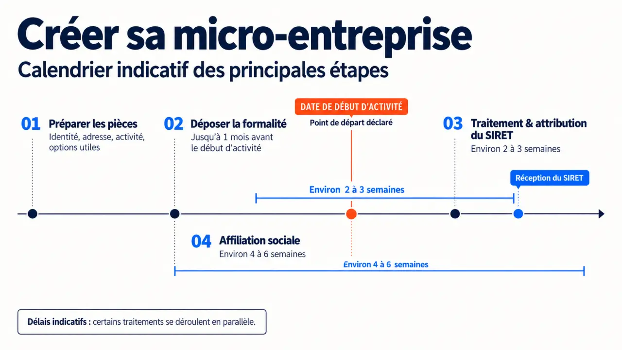 Combien de temps pour créer une micro-entreprise : frise des délais jusqu'au SIRET