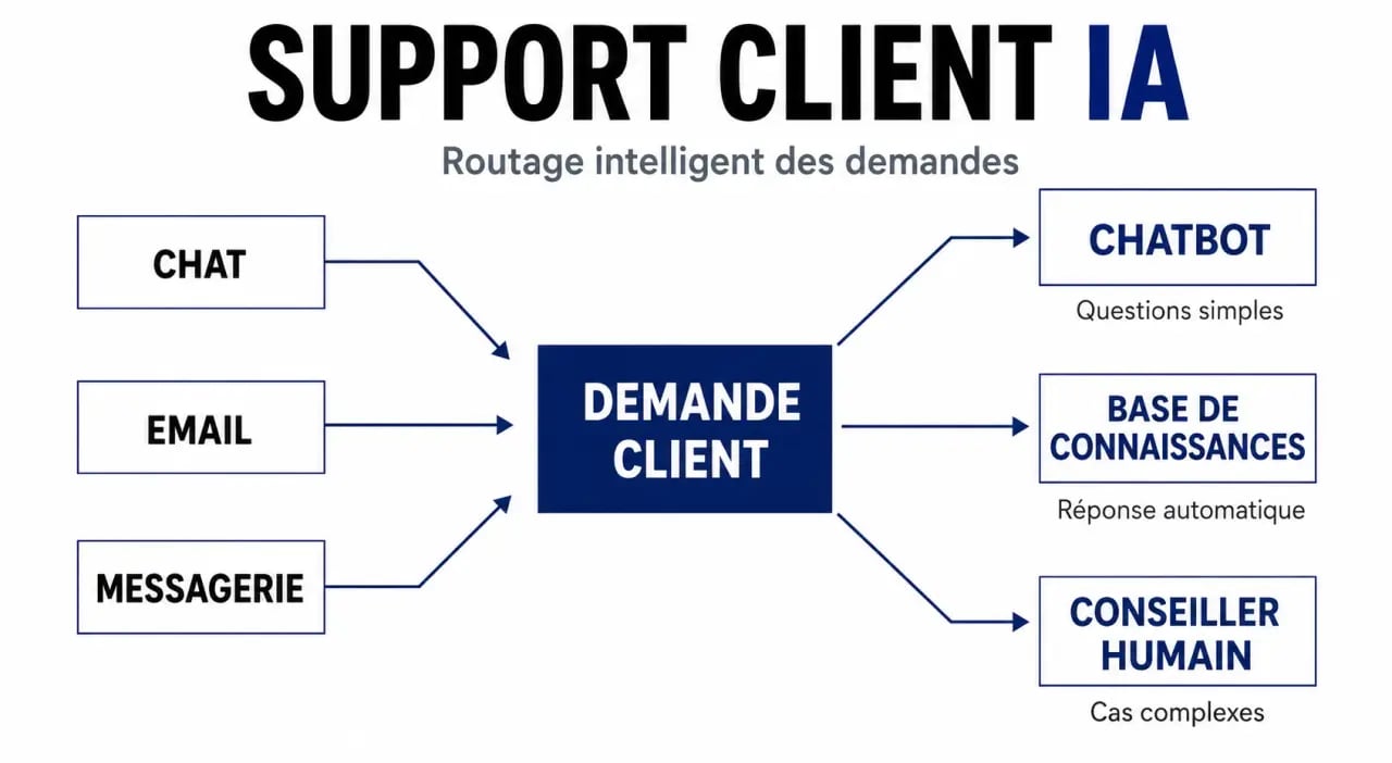 Support client IA : schéma du parcours d’une demande entre chatbot, routage intelligent et conseiller humain