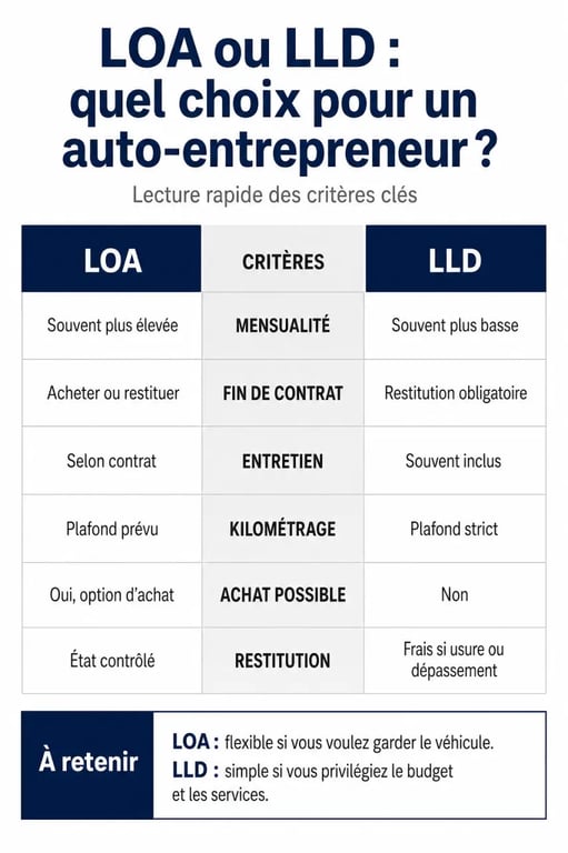 Leasing auto entreprise : comparaison visuelle LOA vs LLD