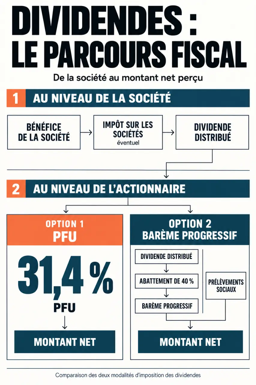 Infographie sur la taxation des dividendes, comparaison entre PFU et barème progressif