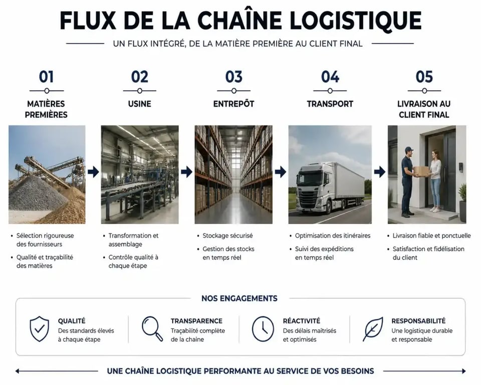Schéma du flux de la chaîne logistique illustrant les étapes de la gestion logistique