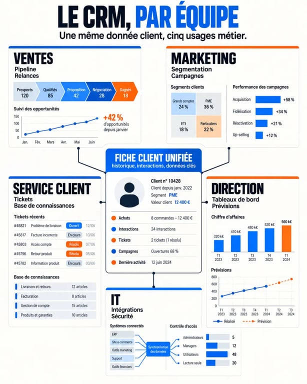 Infographie des fonctionnalités CRM par équipe : ventes, marketing, service client, direction et IT