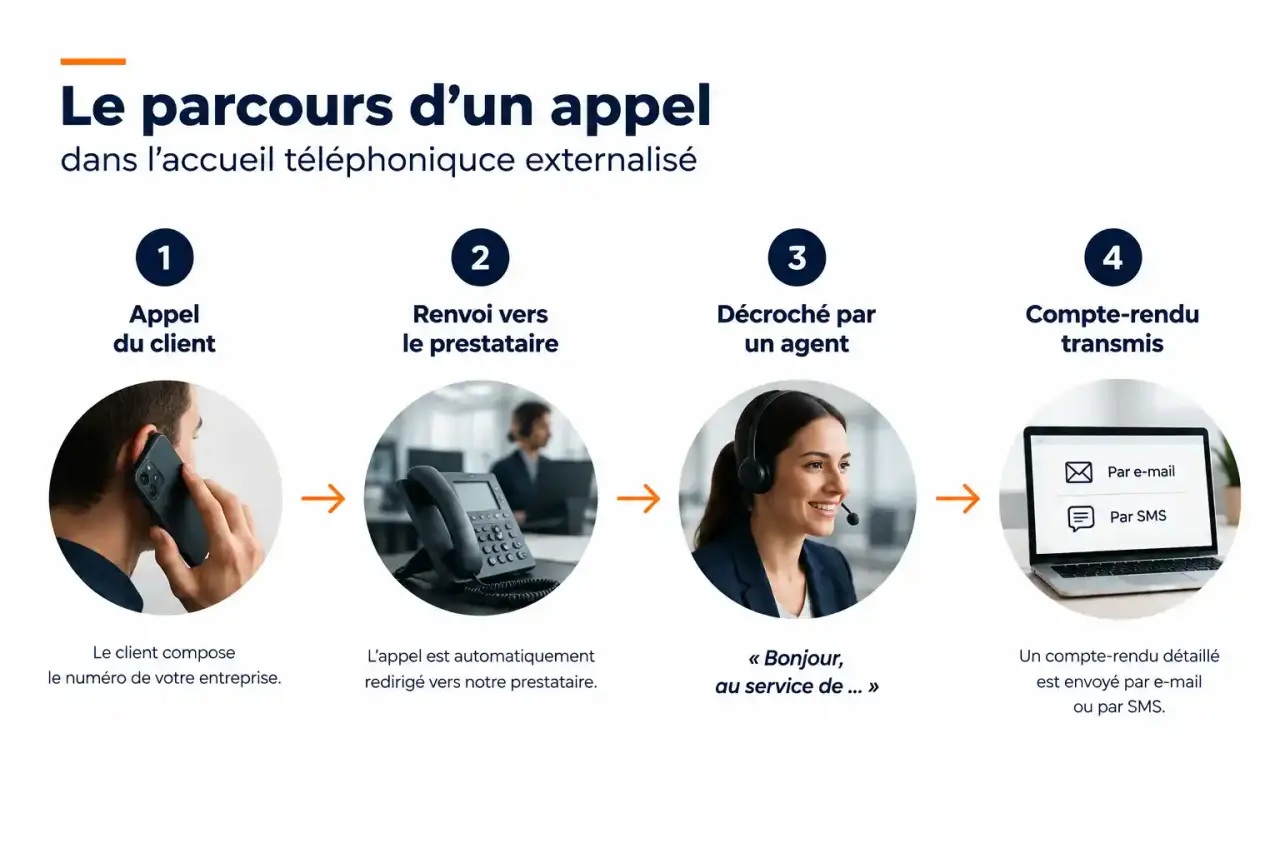 Schéma du parcours d'un appel en accueil téléphonique externalisé, du renvoi d'appel au compte-rendu
