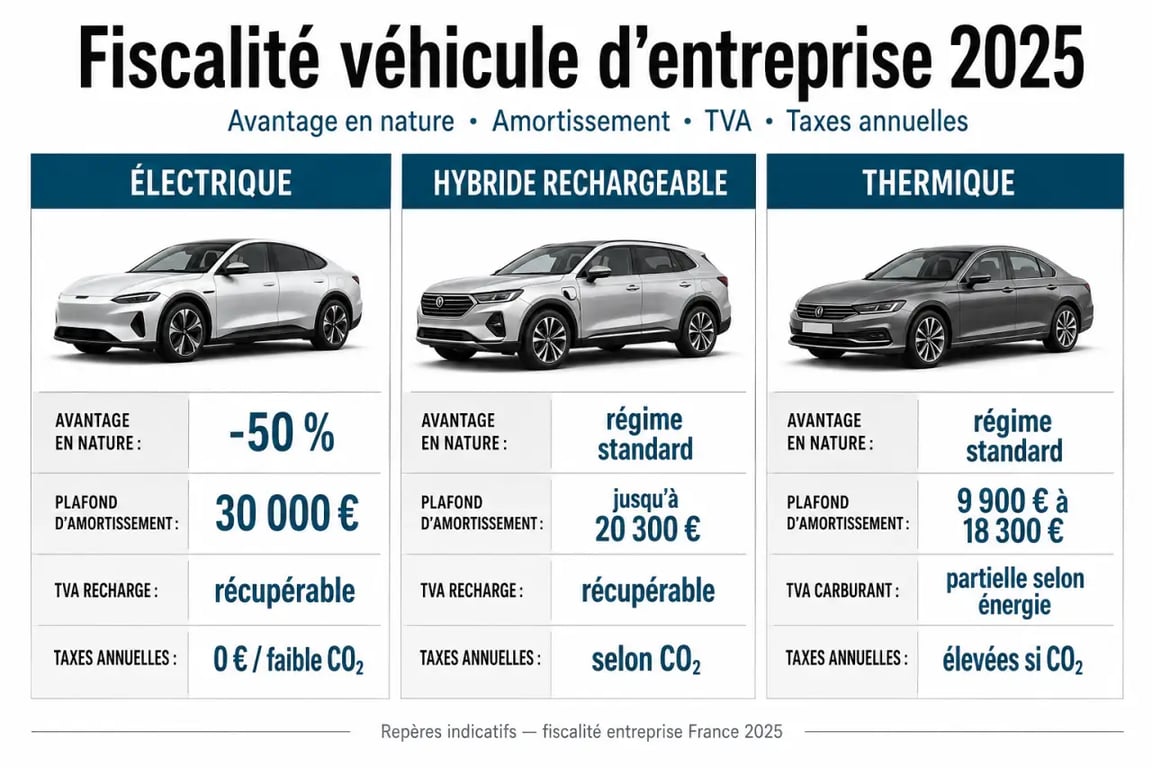 Fiscalité voiture électrique entreprise 2025 comparée entre électrique, hybride rechargeable et thermique