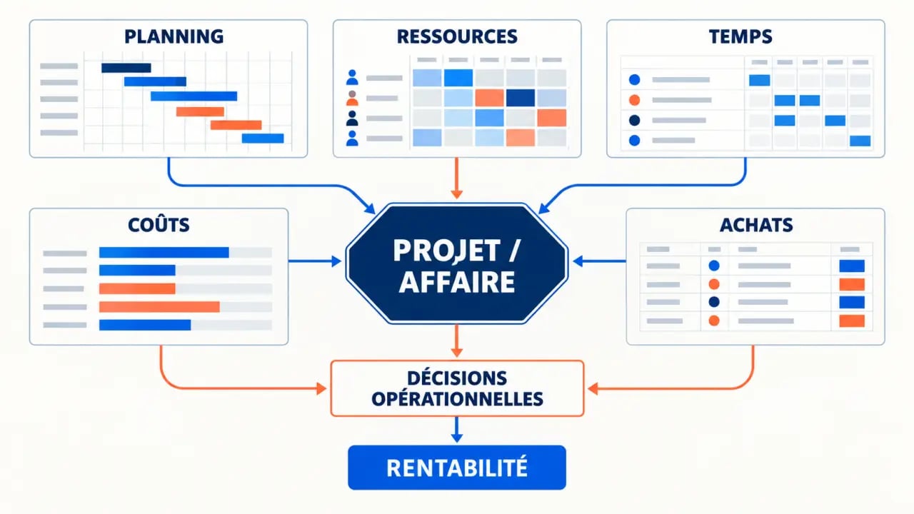 ERP gestion de projet reliant planning, ressources, temps, coûts et reporting