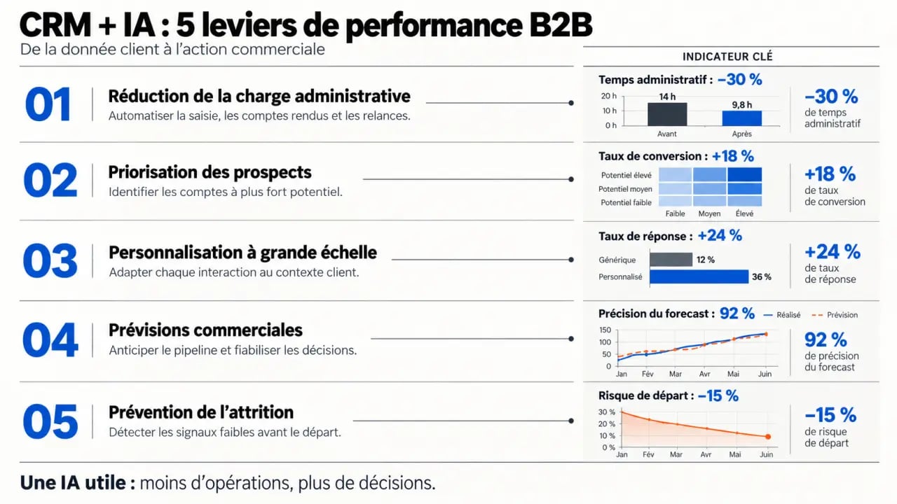 Infographie éditoriale sur les avantages CRM avec intelligence artificielle et leurs indicateurs de performance