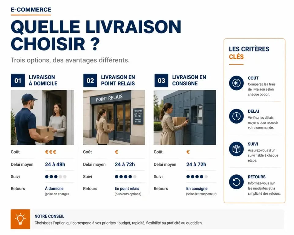Livraison e commerce : comparaison visuelle des modes domicile, relais et consigne