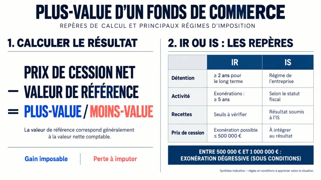 Plus value fond de commerce : infographie sur le calcul, l’IR, l’IS et les exonérations