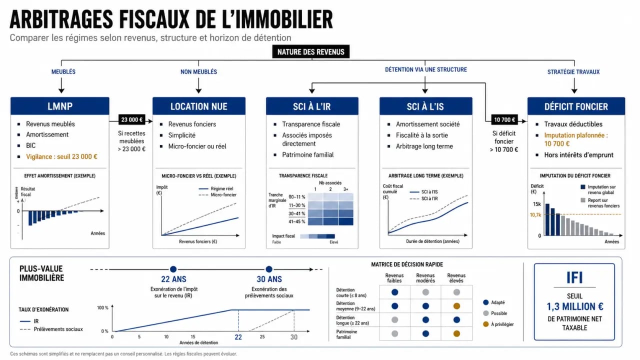 Comment optimiser la fiscalité de ses investissements immobiliers : comparaison visuelle des régimes LMNP, location nue, SCI et déficit foncier