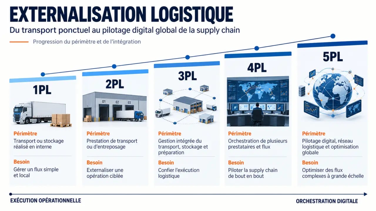 Entreprises logistique : infographie des niveaux d’externalisation de 1PL à 5PL